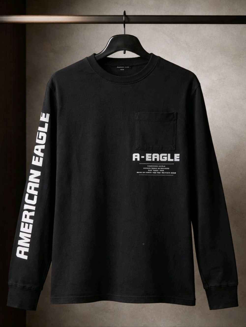 American Eagle Outfitters Black Long-Sleeve Pocket Tee with White Sleeve Logo
